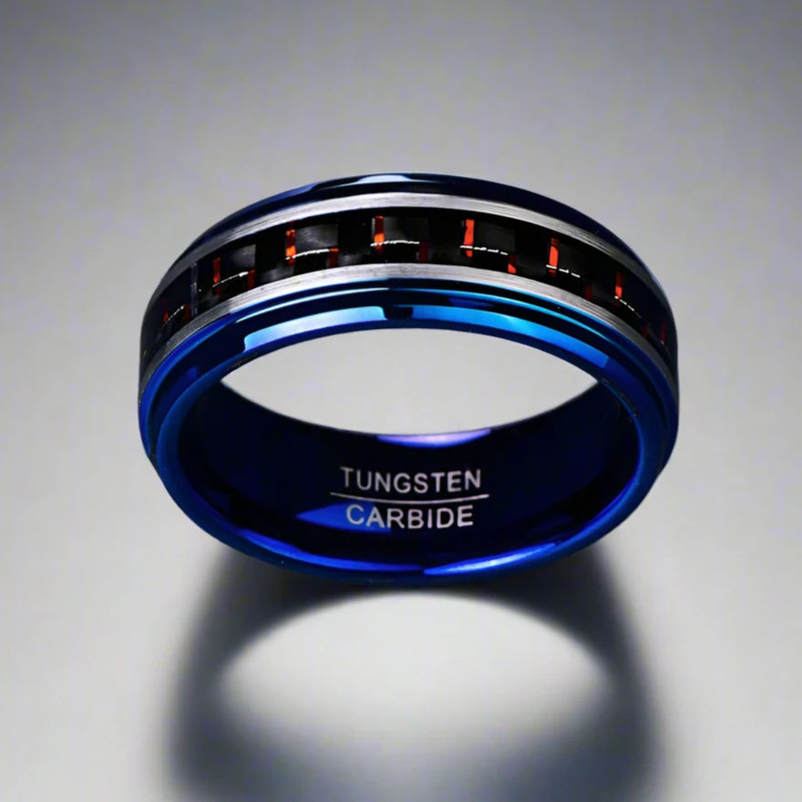 Blue Beveled Edge Tungsten Men's Ring with Red Carbon Fiber Inlay-Black Diamonds New York