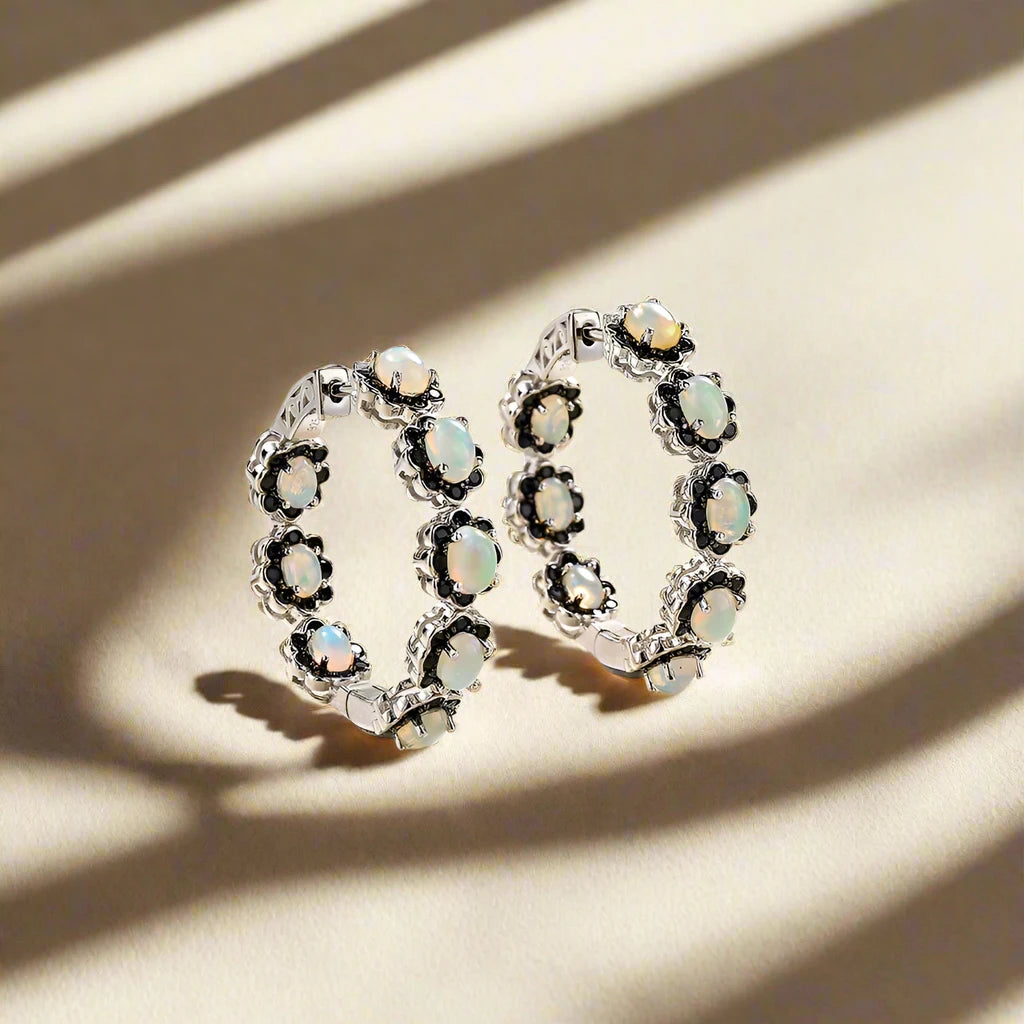 Natural Opal & Black Spinel Gemstone Hoop Earrings-Black Diamonds New York