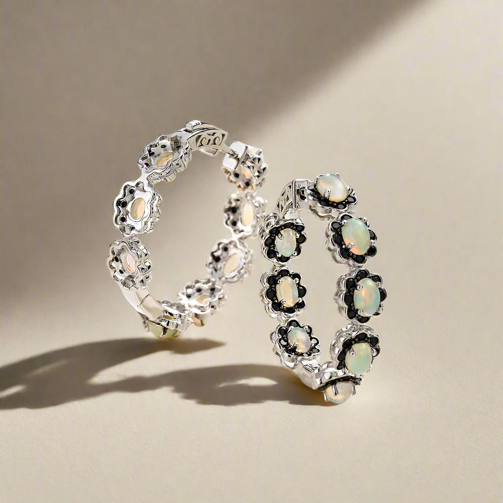 Natural Opal & Black Spinel Gemstone Hoop Earrings-Black Diamonds New York