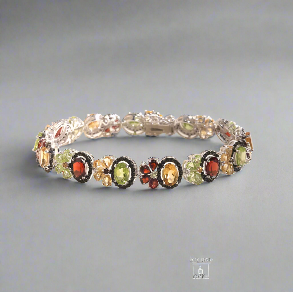 Oval-cut Natural Multi Gemstone Flower Halo Bracelet-Black Diamonds New York