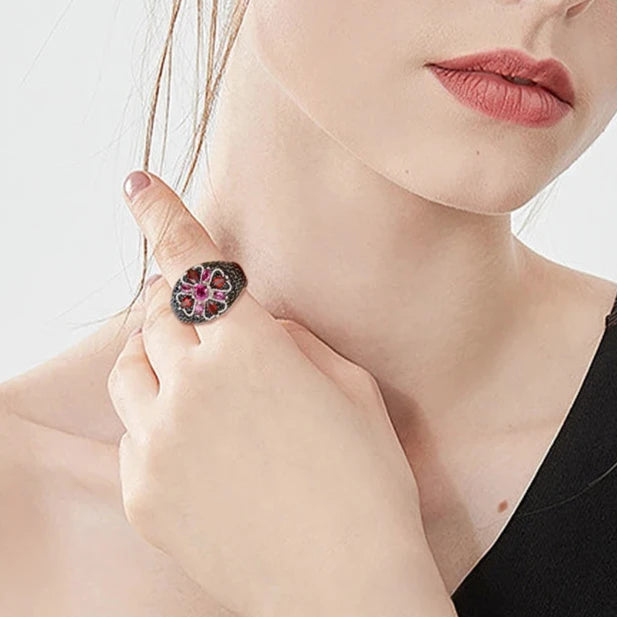 Marquise-cut Natural Rhodolite Garnet Bohemian Ring-Black Diamonds New York