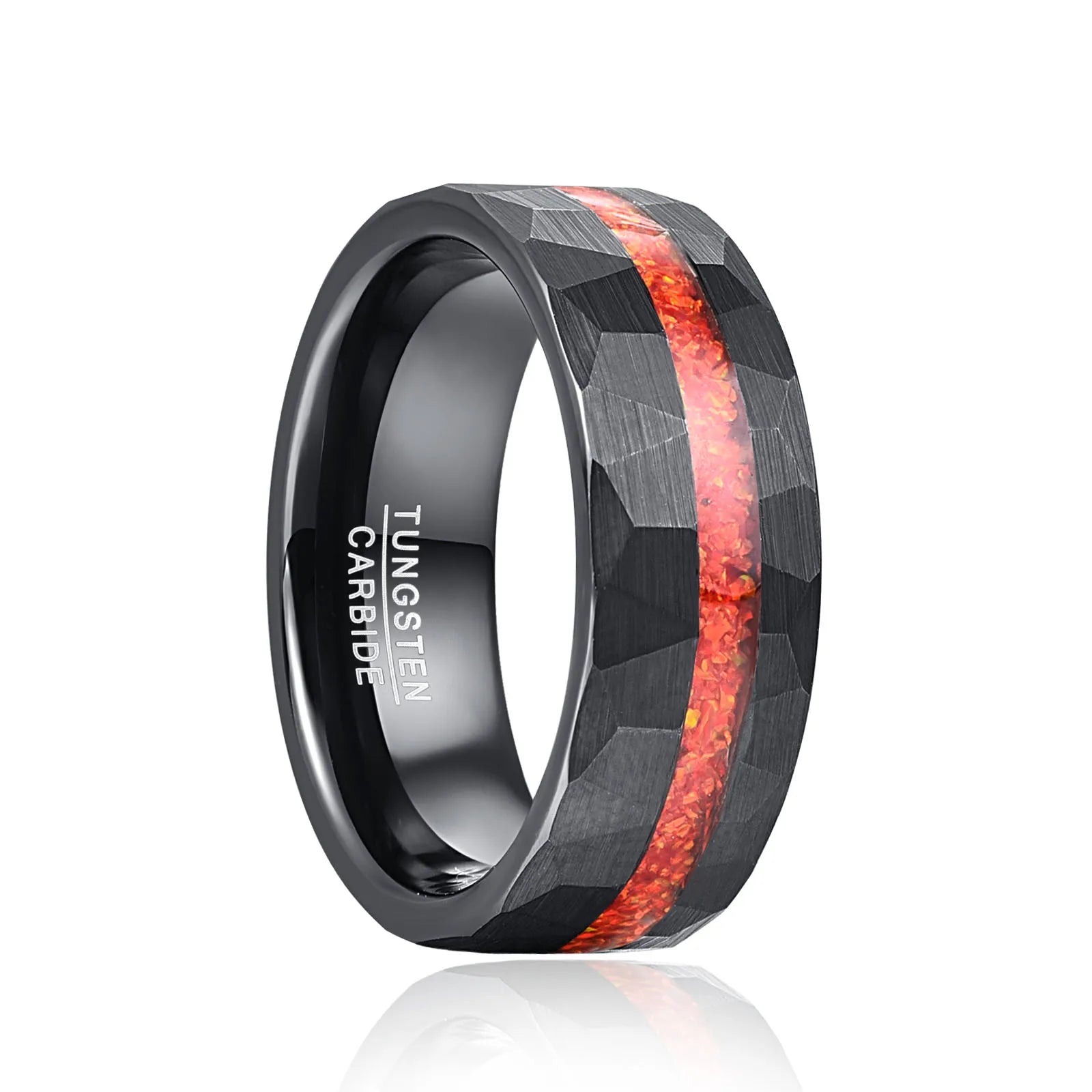 Brushed Matte Black Hammered Red Opal Inlay Tungsten Men's Ring-Black Diamonds New York