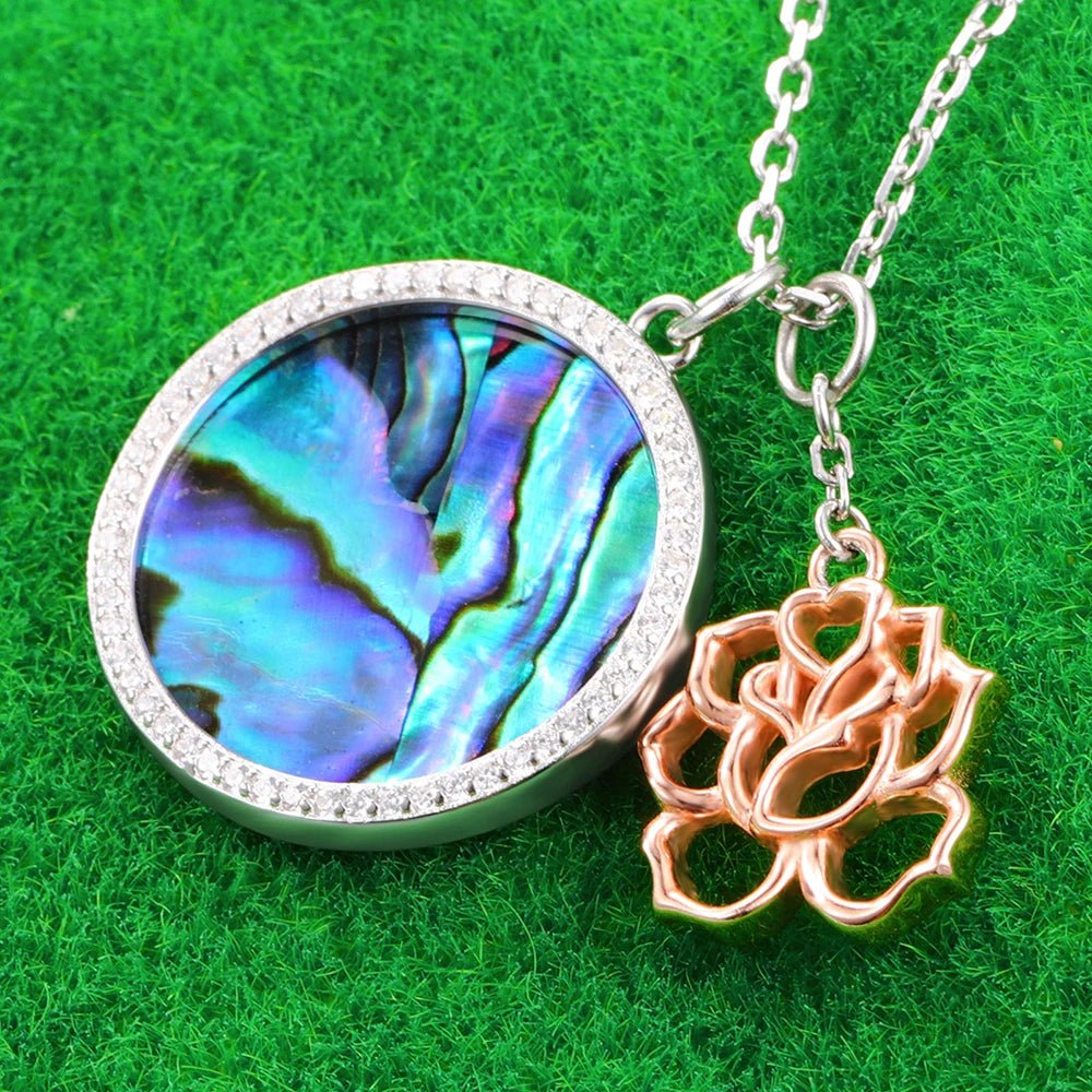 Abalone Shell Pendant Necklace with Rose Gold Flower-Black Diamonds New York