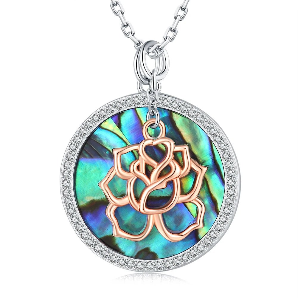 Abalone Shell Pendant Necklace with Rose Gold Flower-Black Diamonds New York