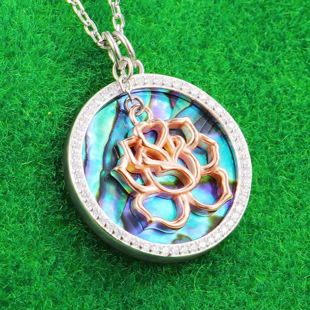 Abalone Shell Pendant Necklace with Rose Gold Flower-Black Diamonds New York