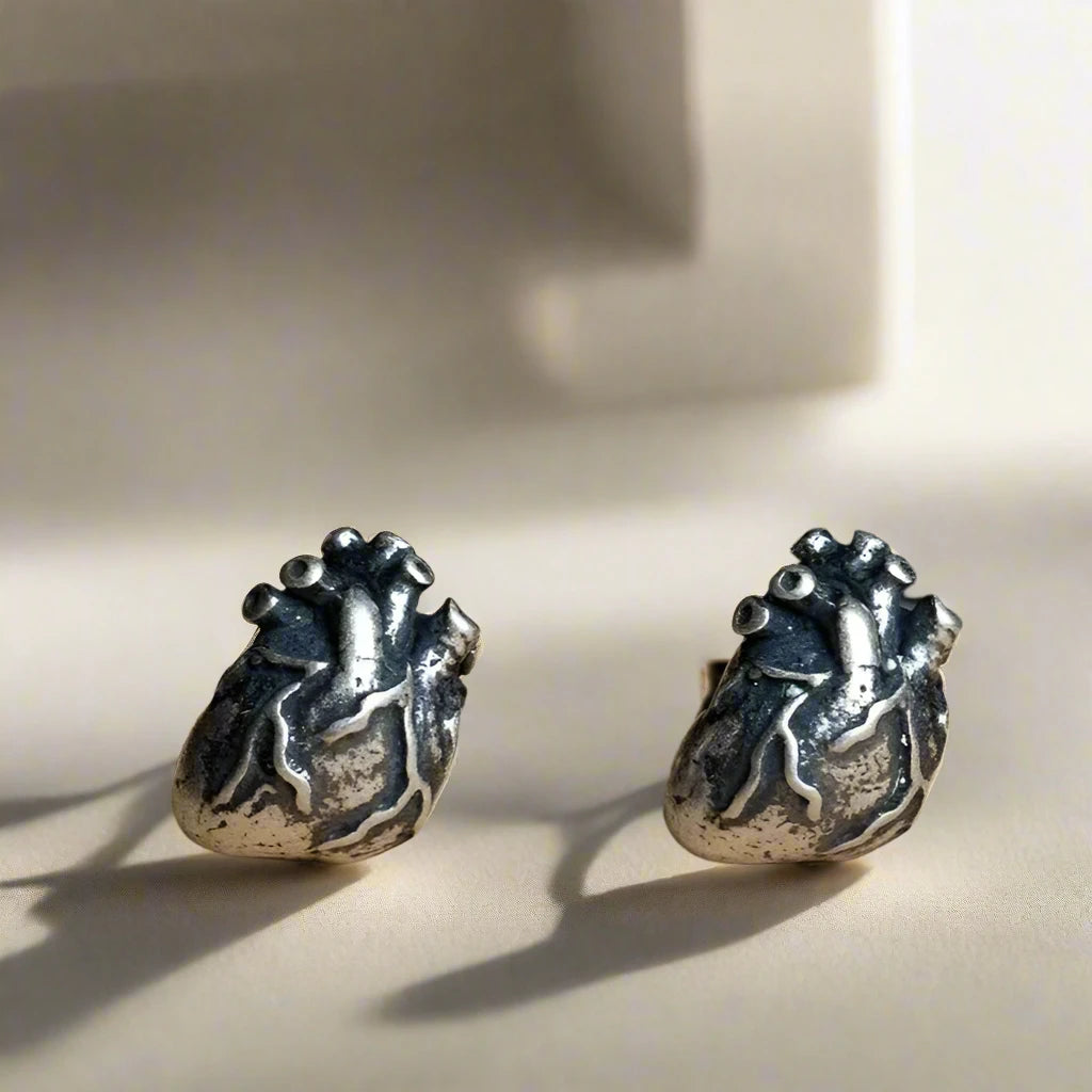 Anatomical Human Heart Punk Stud Earrings-Black Diamonds New York