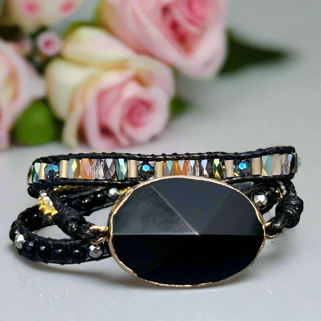 Black Onyx & 3 Layer Wrap Bohemian Bracelet-Black Diamonds New York