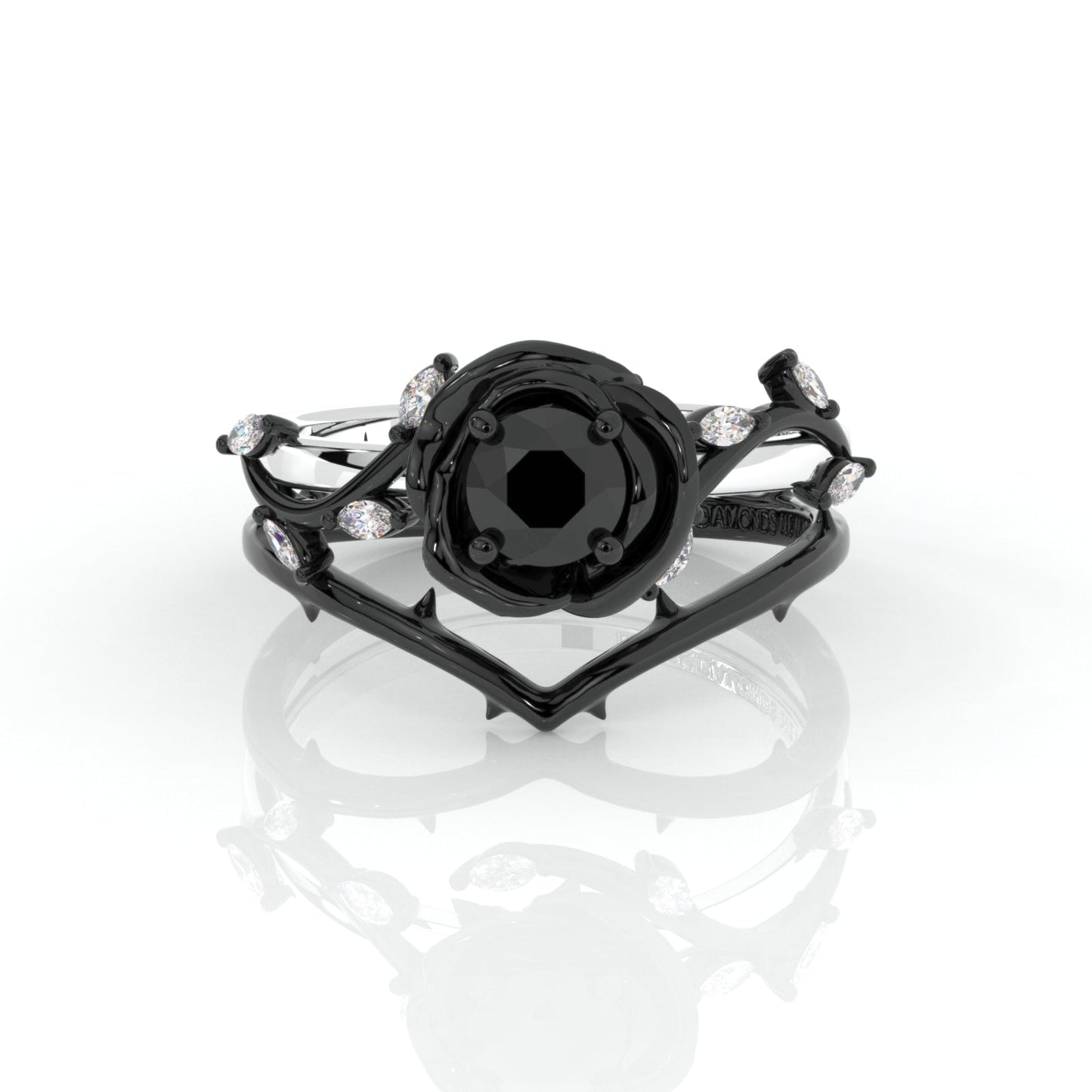 Black Rose- .50ct Round Cut Diamond 14K Gold Modern Goth Engagement Ring-Black Diamonds New York