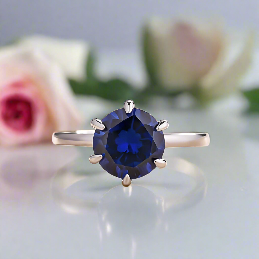 Classic Round Cut 6 Prong Blue Sapphire Engagement Ring 9