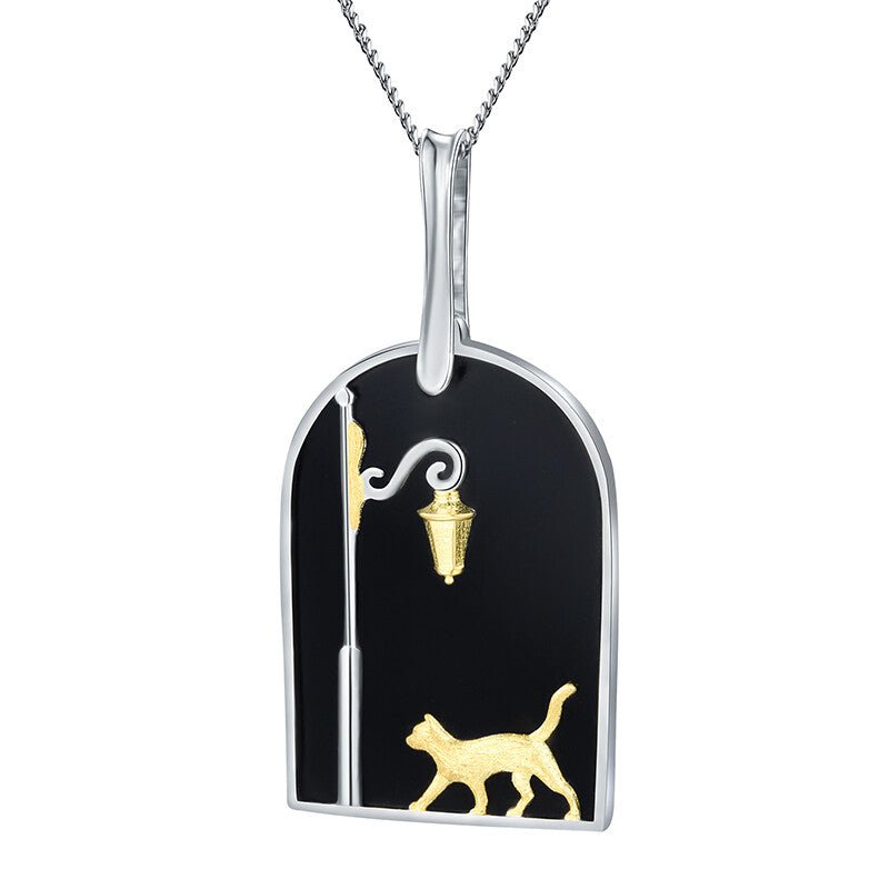 Cute Cat under the Street Lamp Necklace-Black Diamonds New York