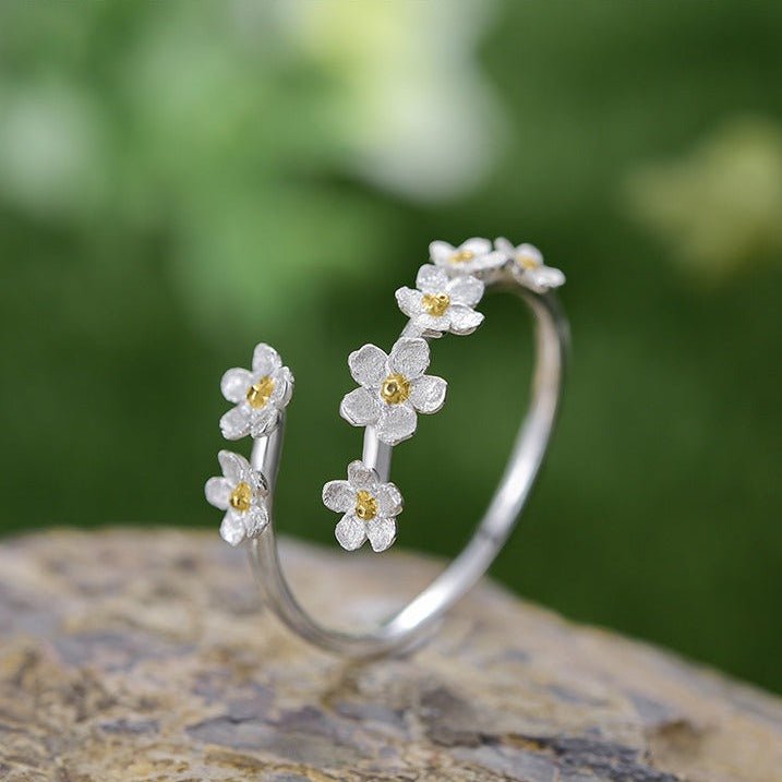 Delicate Forget-Me-Not Flower Adjustable Ring-Black Diamonds New York