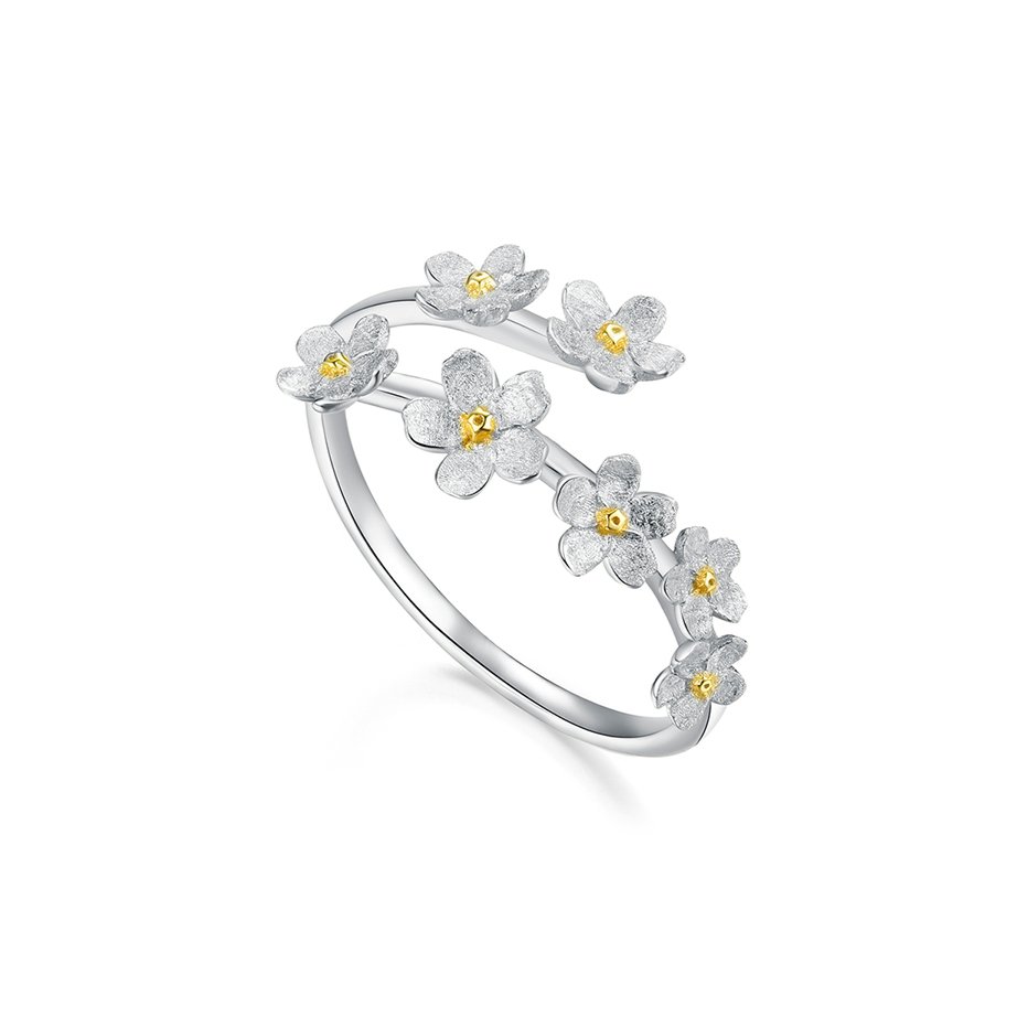 Delicate Forget-Me-Not Flower Adjustable Ring-Black Diamonds New York