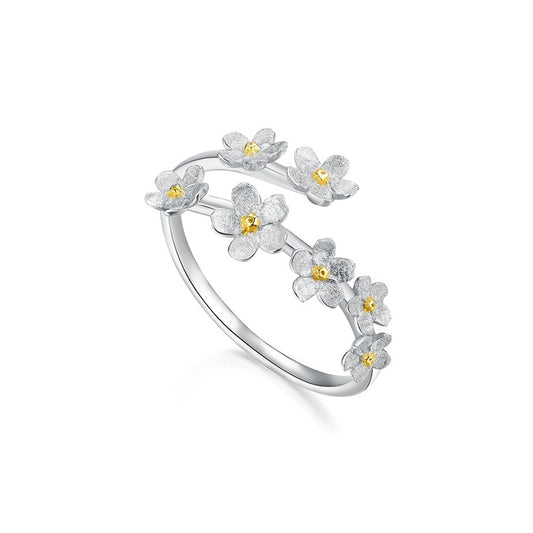 Delicate Forget-Me-Not Flower Adjustable Ring-Black Diamonds New York