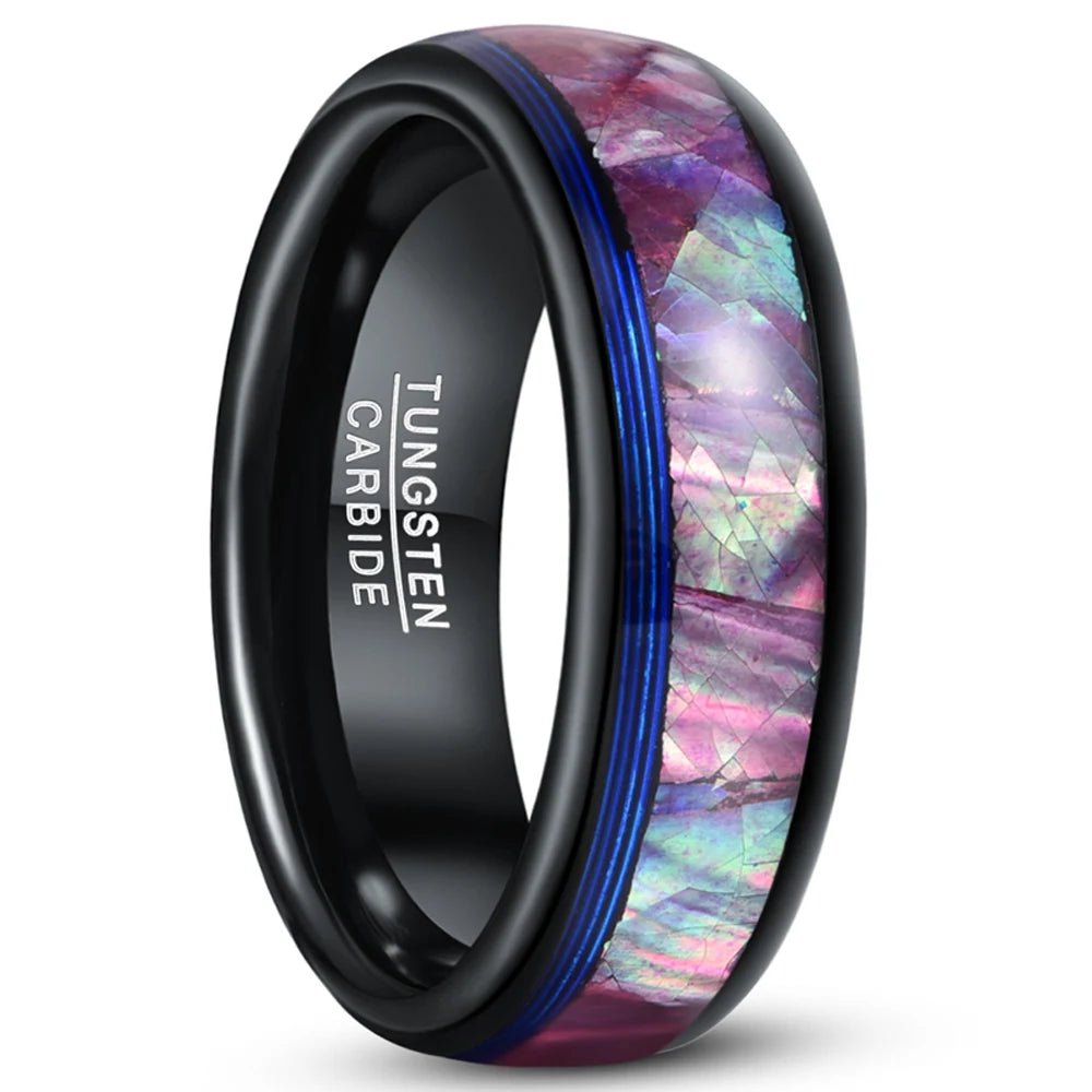 Dome Tungsten Wedding Band with Opal Abalone Shell & Blue Guitar String Inlay-Black Diamonds New York