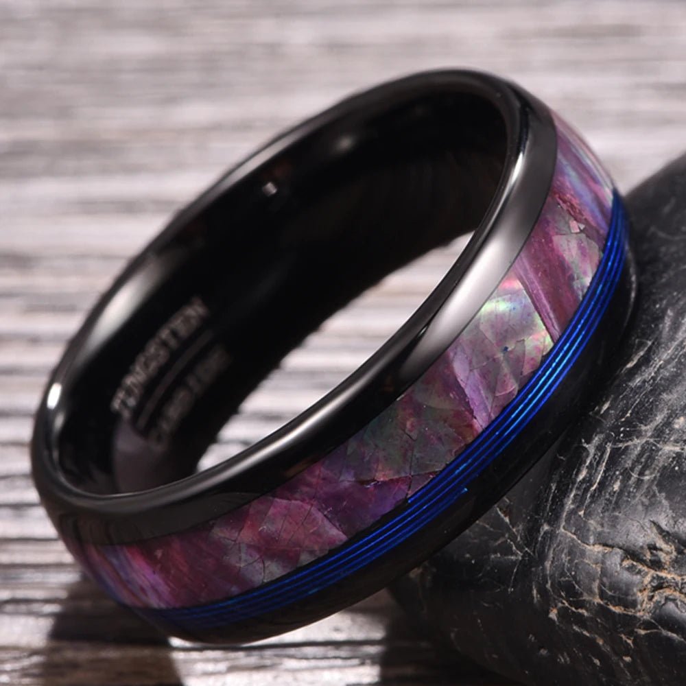 Dome Tungsten Wedding Band with Opal Abalone Shell & Blue Guitar String Inlay-Black Diamonds New York