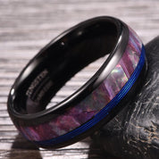 Dome Tungsten Wedding Band with Opal Abalone Shell & Blue Guitar String Inlay-Black Diamonds New York