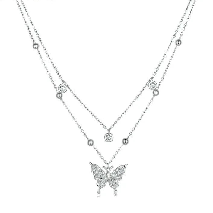 Double-layer Tassel Butterfly Pendant Necklace with Diamond-Black Diamonds New York