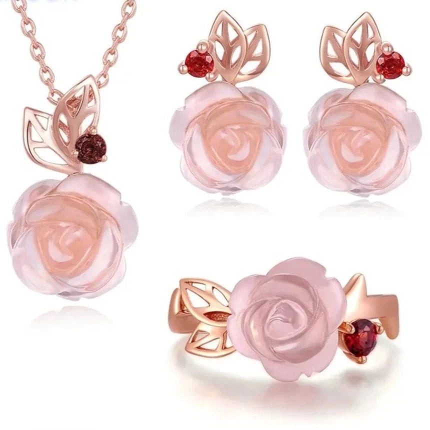 Exquisite Rose Flower Jewelry Set with Red Quartz Stone-Black Diamonds New York