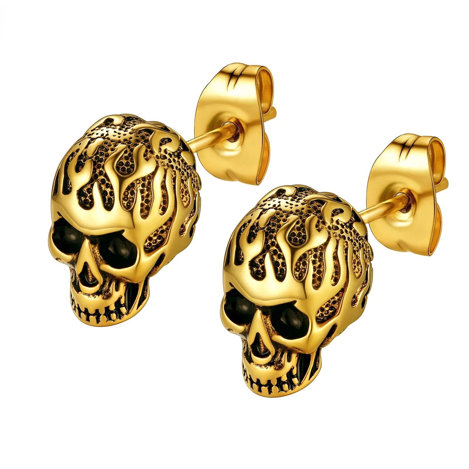 Flame Skull Gothic Unisex Stud Earrings-Black Diamonds New York