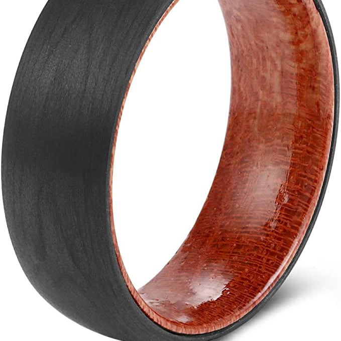 8mm Wooden Inlay & Black Surface Tungsten Carbide Ring-Black Diamonds New York