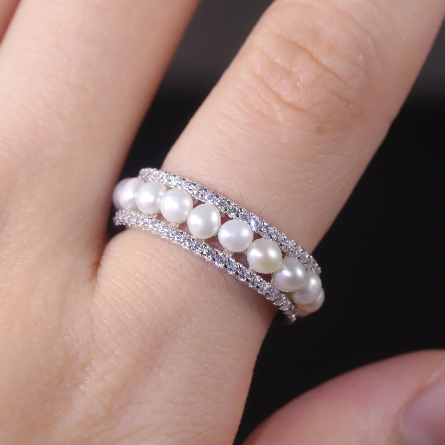 Elegant Eternity Pearl Wedding Band-Black Diamonds New York