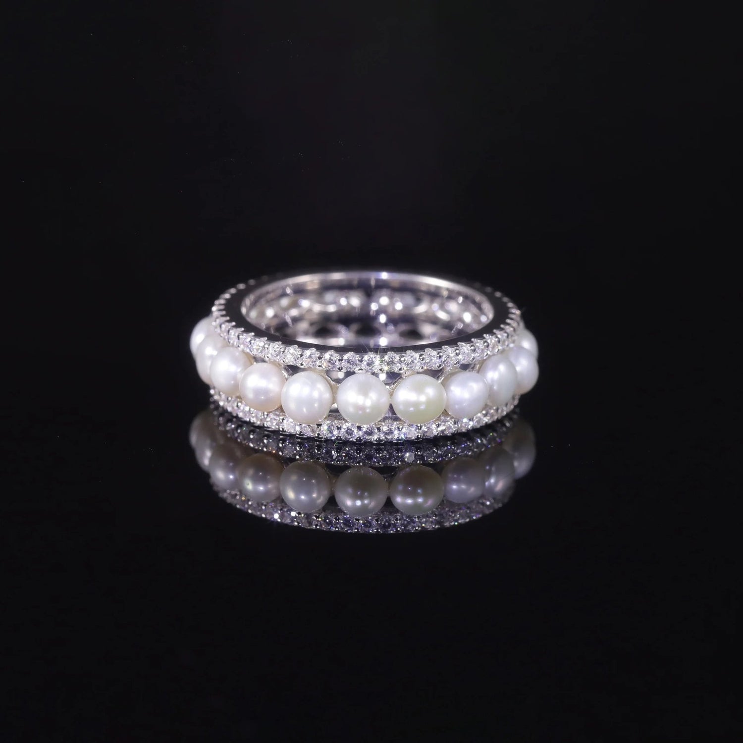 Elegant Eternity Pearl Wedding Band-Black Diamonds New York