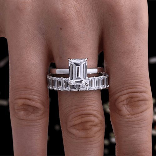 Flash Sale - Emerald Cut Solitaire Diamond Wedding Ring Set-Black Diamonds New York