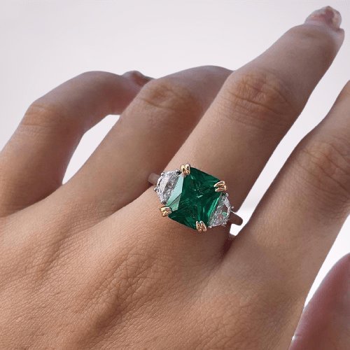 Emerald Green Cushion Cut Three Stone Engagement Ring-Black Diamonds New York