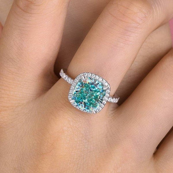 Exquisite Halo Cushion Cut Cyan Blue Diamond Engagement Ring-Black Diamonds New York