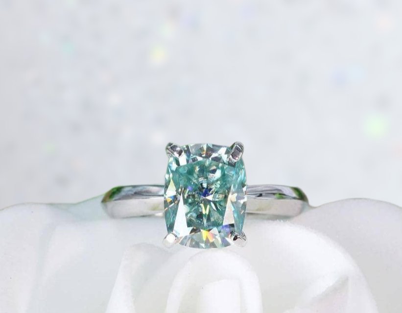 Flash Sale - Rare Blue Green Cushion Cut Diamond Ring-Black Diamonds New York