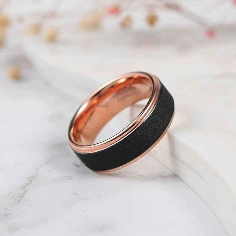 Rose Gold Tungsten Wedding Band with Sandstone Wedding Band-Black Diamonds New York