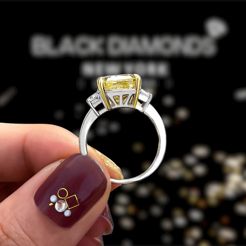 VIP Dream Ring Upgrade- Three Yellow Stone Diamond Radiant Cut Engagement Ring-Black Diamonds New York