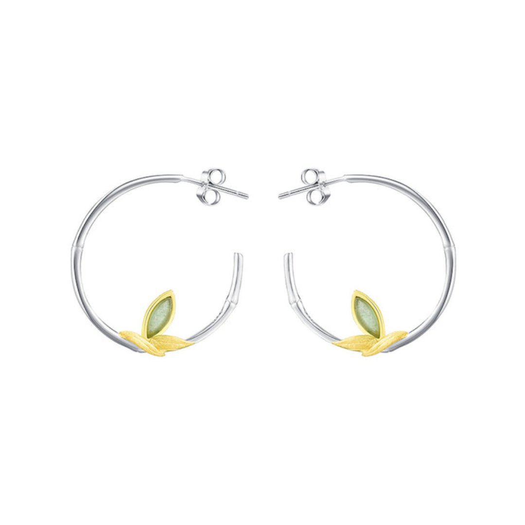 Fresh Bamboo Leaves Round Hoop Earrings-Black Diamonds New York