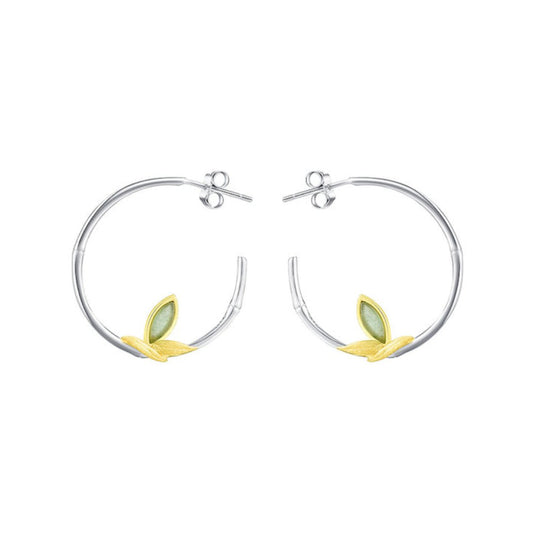 Fresh Bamboo Leaves Round Hoop Earrings-Black Diamonds New York