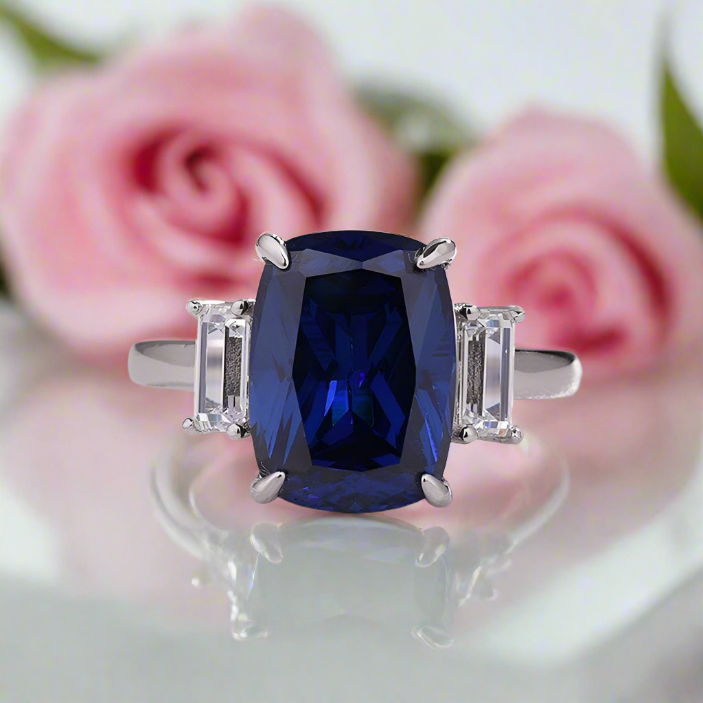 Gorgeous Blue Sapphire Cushion Cut Three Stone Engagement Ring