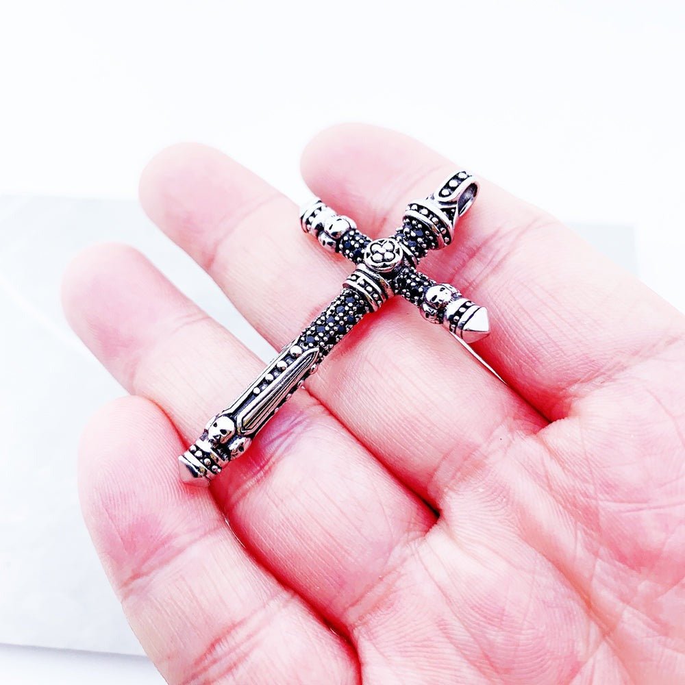 Gothic Cross with Created Diamond Sword Pendant-Black Diamonds New York