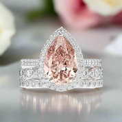 Halo Pear Cut 3ct Morganite Ring Set 3pcs In White Gold-Black Diamonds New York