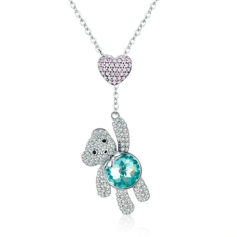 Heart And Cute Bear Pendant Necklace with Pink Diamond-Black Diamonds New York