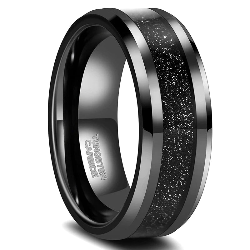 High Polished Beveled Edge Tungsten Wedding Band with Black Sandstone Inlay-Black Diamonds New York