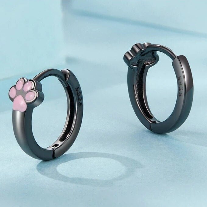 Lovely Black Hoop Earrings with Pink Cat Paw-Black Diamonds New York