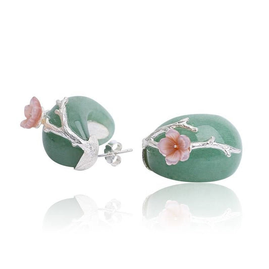 Natural Aventurine Plum Flower Stud Earrings-Black Diamonds New York