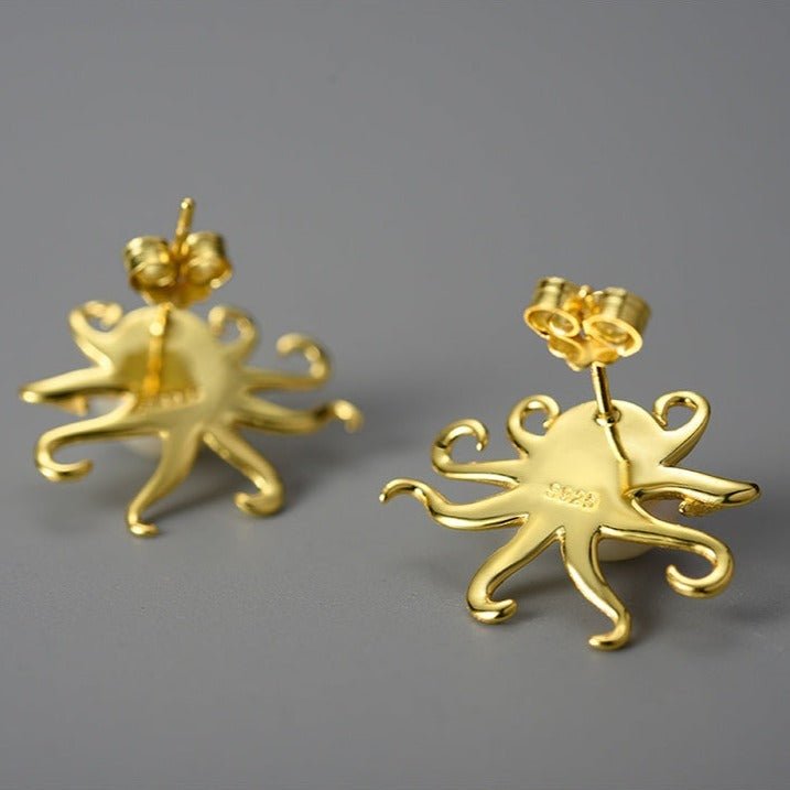 Octopus with Natural Pearl Stud Earrings