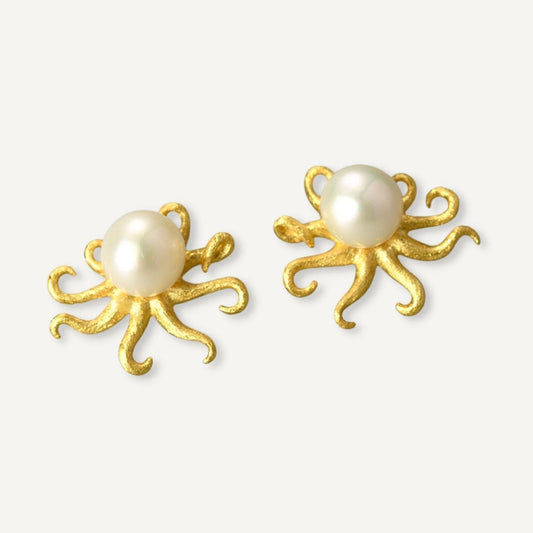 Octopus with Natural Pearl Stud Earrings-Black Diamonds New York