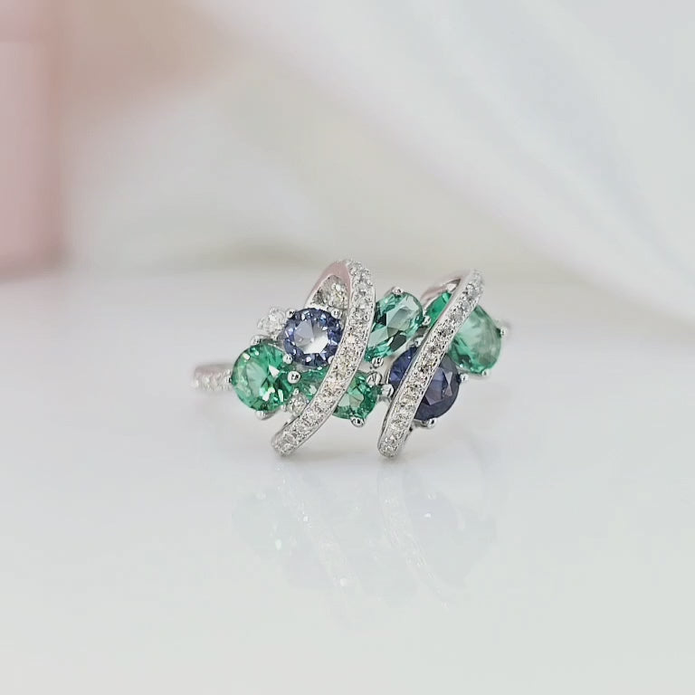 Green & Blue Spinel with Created Diamond Ring