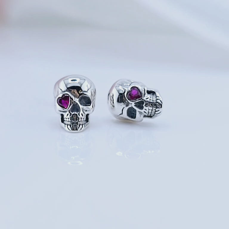 Cool Skull Pink Heart-shaped Created Diamond Stud Earrings