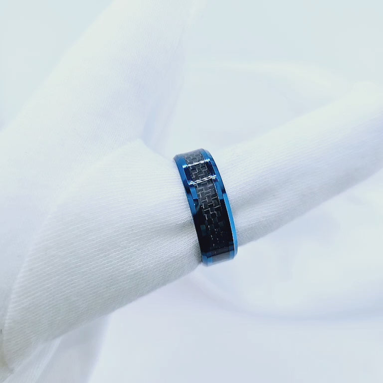 Blue With Black Carbon Fiber Tungsten Unisex Couple Wedding Bands