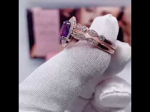 Rose Gold Amethyst Stone Halo Oval Cut Vintage Wedding Set