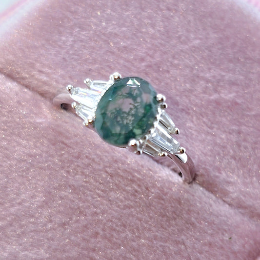 Oval Cut Natural Moss Agate 4 Prong Engagement Ring-Black Diamonds New York