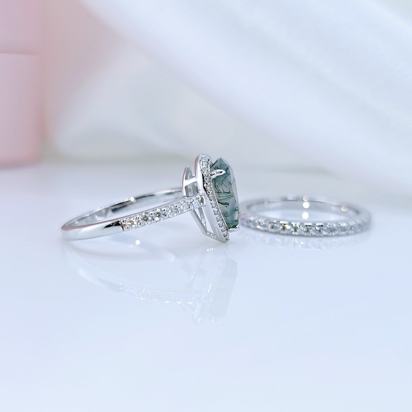 Halo Pear Cut Natural Moss Agate Wedding Ring Set In White Gold-Black Diamonds New York