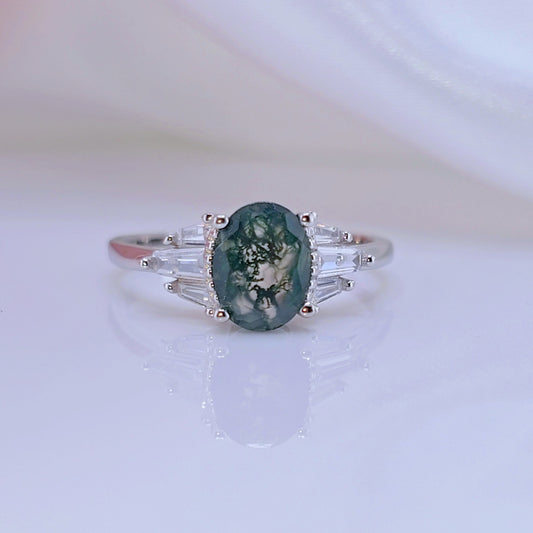 Oval Cut Natural Moss Agate 4 Prong Engagement Ring-Black Diamonds New York